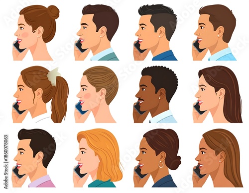 Collection of diverse people in profile view, talking on smartphones. Illustration depicts various hairstyles and skin tones, each engaged in a phone conversation