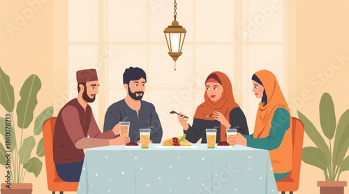Muslim Family Breaking Fast Together During Ramadan Flat Vector