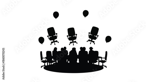 Team celebrating success with floating chairs and balloons in a meeting room