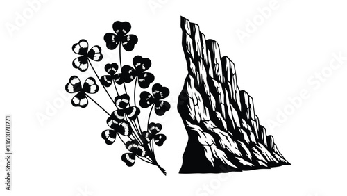 Delicate clover branches contrast with rugged, textured rock formation