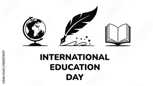 International education day minimal icon illustration with globe feather and open book symbol representing global learning knowledge and academic growth