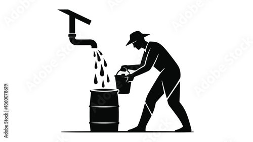 Farmer collecting precious water from a spout into a barrel with a bucket.
