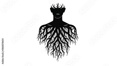 Silhouette of a person with roots growing from their chest, symbolizing connection to nature.