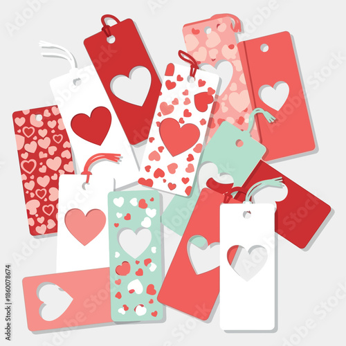 Set of Romantic Heart Bookmarks and Gift Tags with Various Patterns and Cutouts for Valentine's Day Celebration