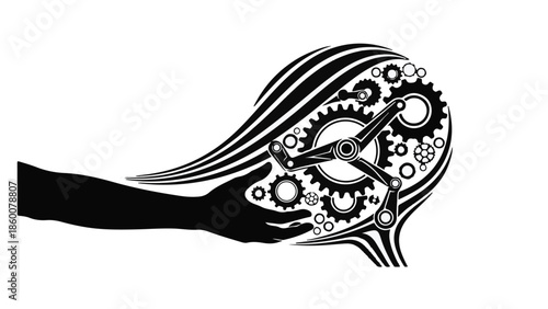 Abstract human head silhouette with intricate gears and a helping hand symbolizes innovation and support.