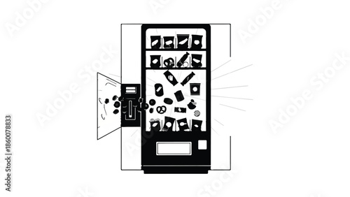 Modern vending machine dispensing snacks and drinks with coin slot and buttons