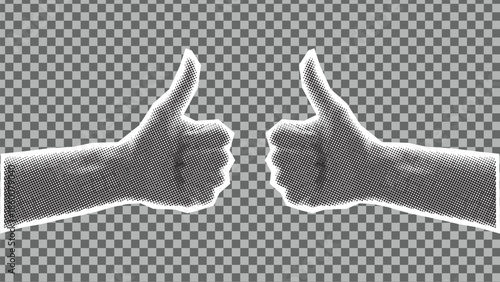 Set of retro halftone parts of body. Trendy halftone thumb up hand sign. Halftone collage elements. Vector illustration.