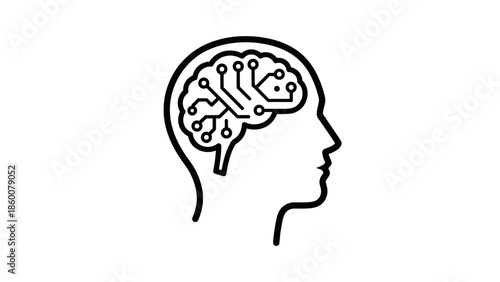 Illustration of Human Head with Visible Brain Showcasing Cognitive Function in Simple Line Art Style