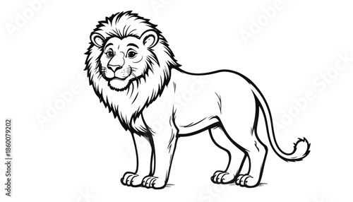 A cartoon lion stands proudly with a majestic mane and a friendly expression on its face.