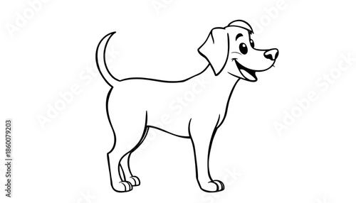 A black and white illustration of a happy dog standing on a plain background