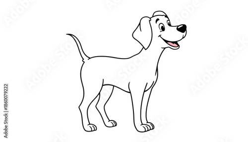 A cartoon dog with a happy expression stands on a white background