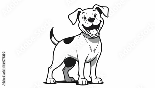 A happy dog with a big smile standing on a white background