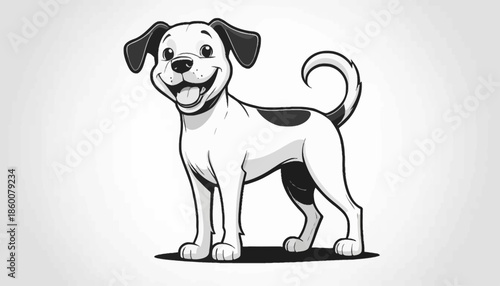 A happy dog with a black and white coat stands smiling in a playful pose