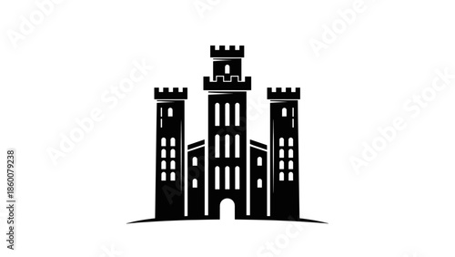 A graphic illustration of a castle with three towers viewed from the front