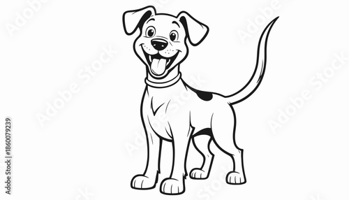 A happy dog with a big smile is standing on a white background