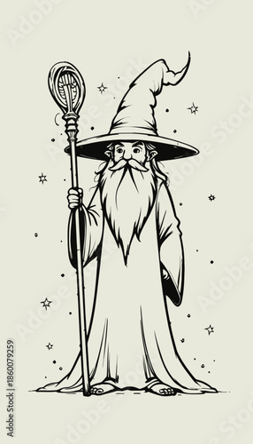 A wise old wizard stands confidently with a magical staff in hand, surrounded by stars and a mystical aura.