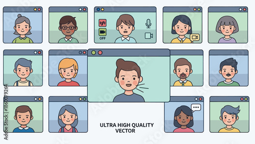 Diverse group of people participating in a video conference call from various locations, depicted in a modern digital illustration style.