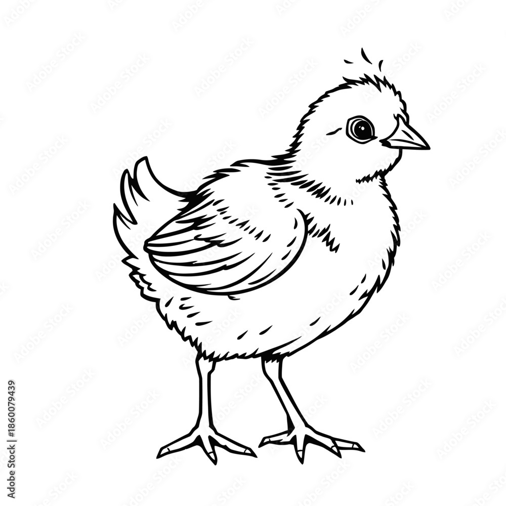 Fototapeta premium A black and white illustration of a small chick standing on a plain background