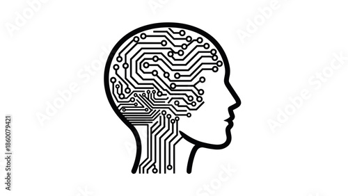 A profile illustration of a human head with circuitry inside the brain, representing the fusion of technology and human thought