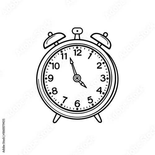 A simple line drawing of an alarm clock on a white background