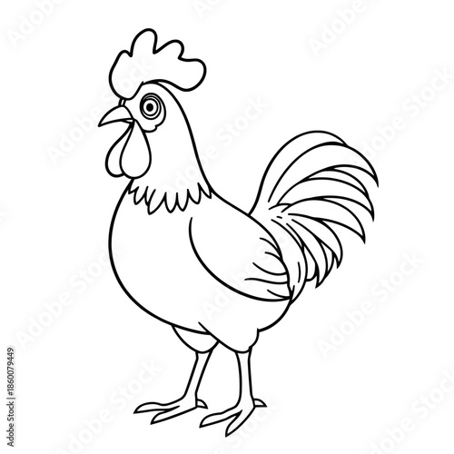 A cartoon rooster stands proudly with its feathers and comb outlined in black on a white background