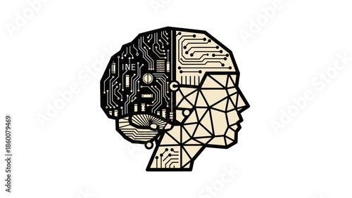 Human head profile with intricate circuit board and geometric patterns