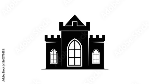 Silhouette of a castle with towers and arched windows against a white background