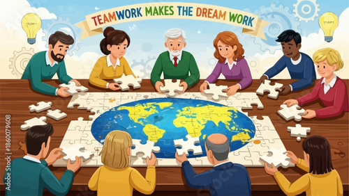 Diverse group of people working together on a world map puzzle.