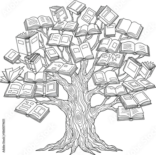 Black-and-white line art tree with books instead of leaves whimsical coloring book detailed illustration