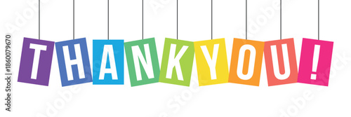 Rainbow-colored mixed typography THANK YOU! banner with brush calligraphy