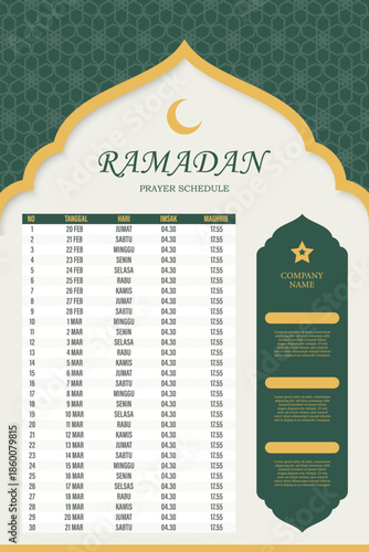 Ramadan prayer schedule design template in green and cream colors