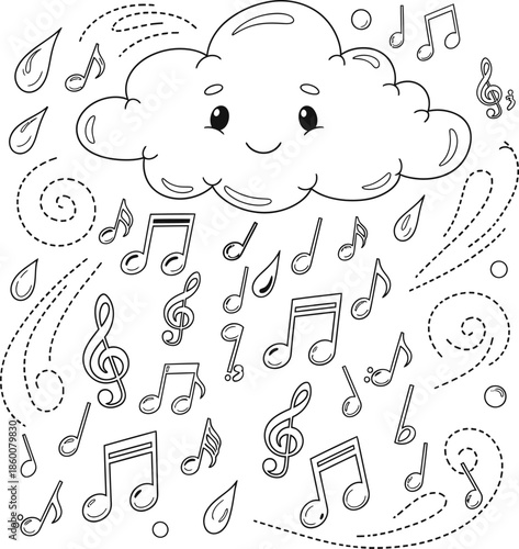 Black-and-white coloring page raindrops shaped like tiny musical notes whimsical line art illustration