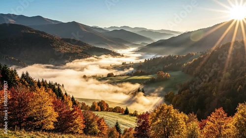 Breathtaking autumn sunrise over a misty mountain valley with vibrant fall foliage and golden sun rays.