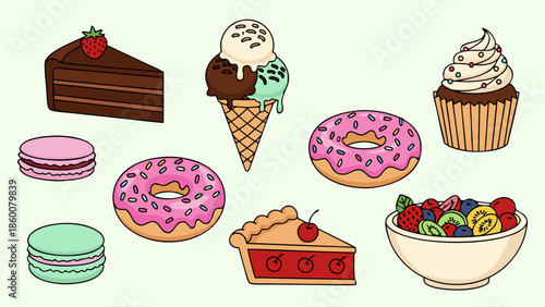 A delightful assortment of sweet treats and desserts, featuring cakes, ice cream, donuts, and fresh fruit