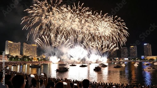 Spectacular fireworks light up the night sky over a bustling waterfront city, with crowds and boats gathered to celebrate a grand event.