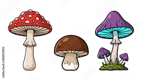 Whimsical cartoon mushroom collection featuring diverse shapes and vibrant colors