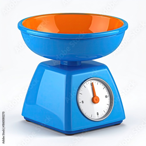 A bright blue and orange kitchen scale, clean, modern design