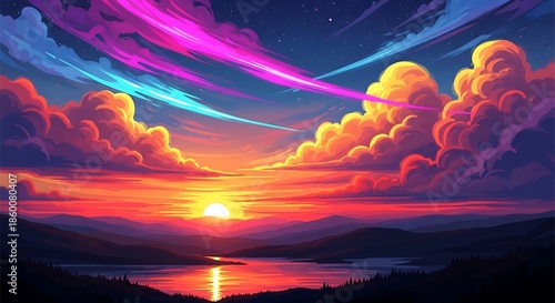 Vibrant Sunset Landscape with Clouds and Water.