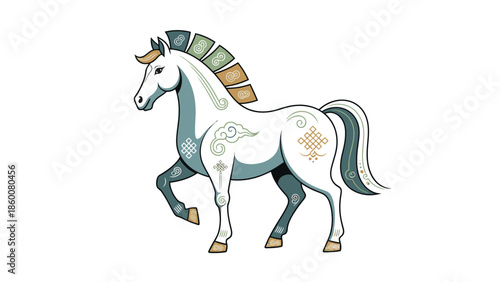 Illustration of a white Horse with green and orange mane and tail, symbolizing the Fire Horse from Chinese Zodiac Animals (Shio) against a clean white background with intricate designs.