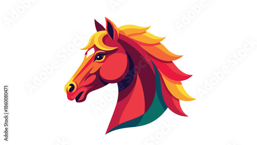 A stylized illustration of a Fire Horse head in vibrant, warm colors, symbolizing the Chinese Zodiac Animal for Chinese New Year 2026, set against a clean white background with bold lines