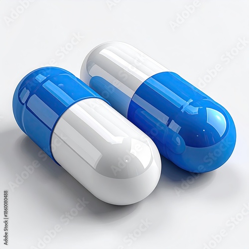 Two blue and white capsules. One angled, the other beside it on white