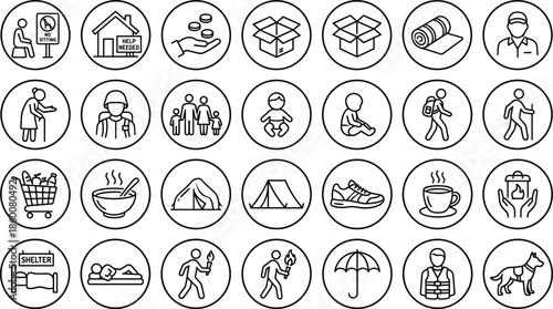 Emergency survival line icons set in circular frames with shelter food medical aid safety symbols, minimal black outline vector illustration