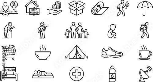 Emergency survival icons set with shelter food water medical aid protection symbols, minimal line style humanitarian crisis preparedness vector illustration