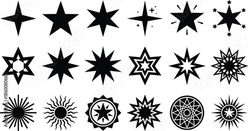 Starburst and star shapes silhouette set with abstract sunburst sparkle icons, modern geometric black vector illustration collection design elements symbols pack