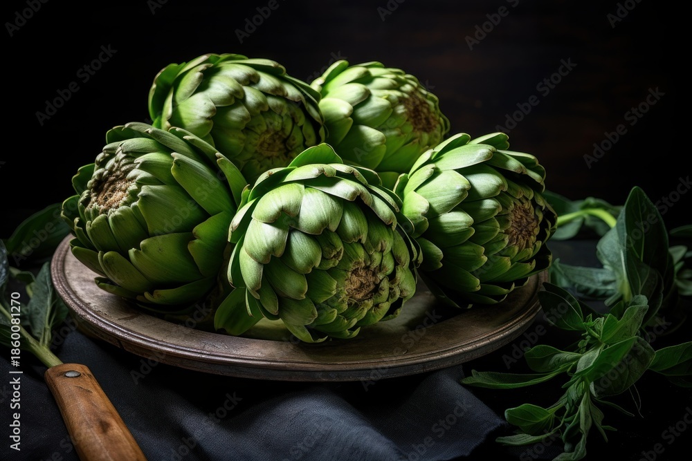 Fototapeta premium Five fresh artichokes sit on a rustic plate, accompanied by a sprig of greenery, creating a still life against a dark background