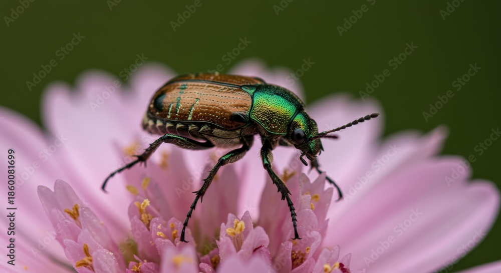 Fototapeta premium Metallic Beetle on Pink Flower Petals.