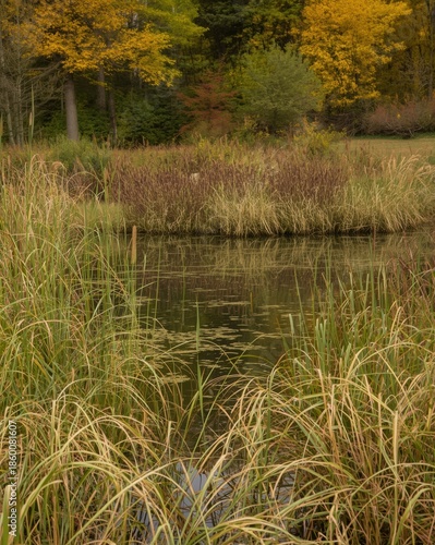 Calm pond surrounded by autumn grass
