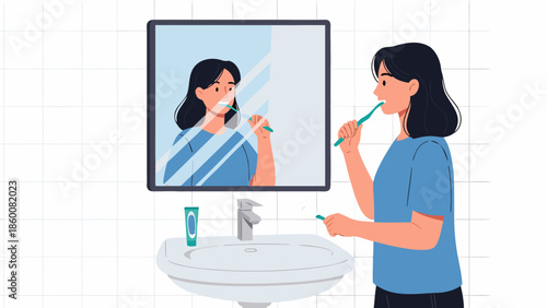 A young woman maintains good oral hygiene by brushing her teeth in the bathroom mirror