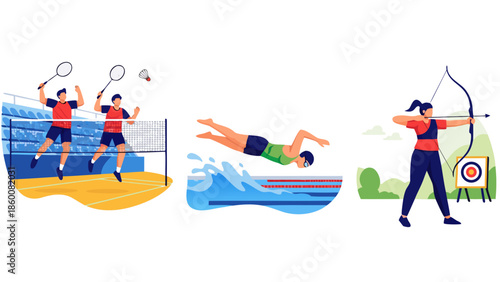 Athletes engaged in various sports activities including badminton, swimming, and archery
