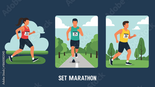 Illustrations of marathon runners participating in a race or training for a run